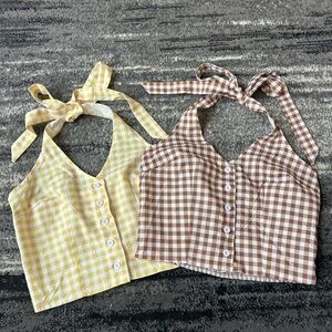 2 SHEIN Gingham Print V-Neck Button Up Halter Tops With Stretchy Back